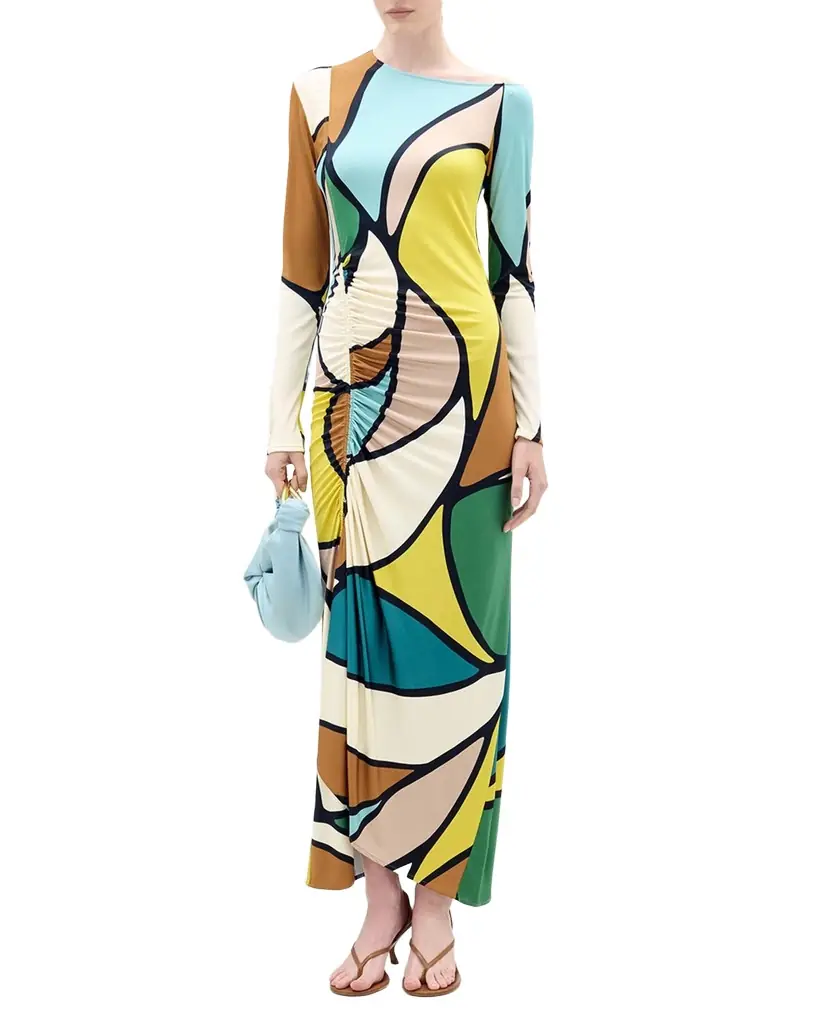 Silvia Tcherassi Ilania Abstract-Print Ruched Long-Sleeve Maxi Dress
