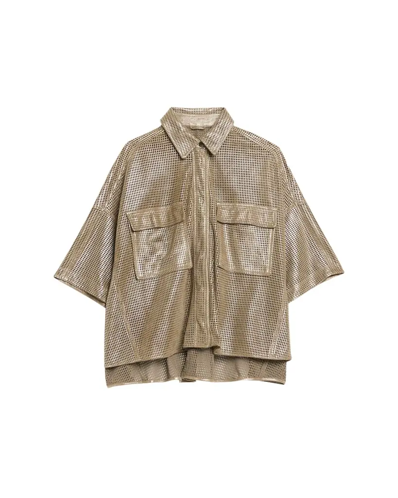 Brunello Cucinelli Laminated Perforated Leather Utility Shirt