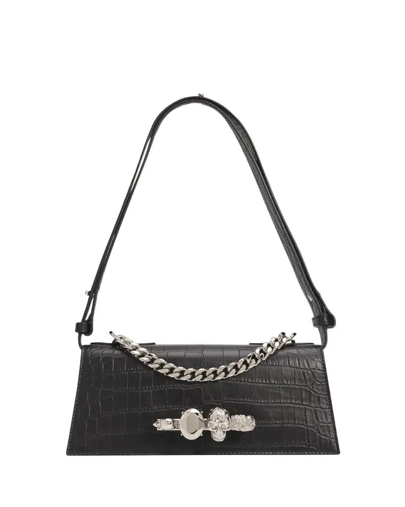 McQueen Jeweled Croc-Embossed Leather Shoulder Bag