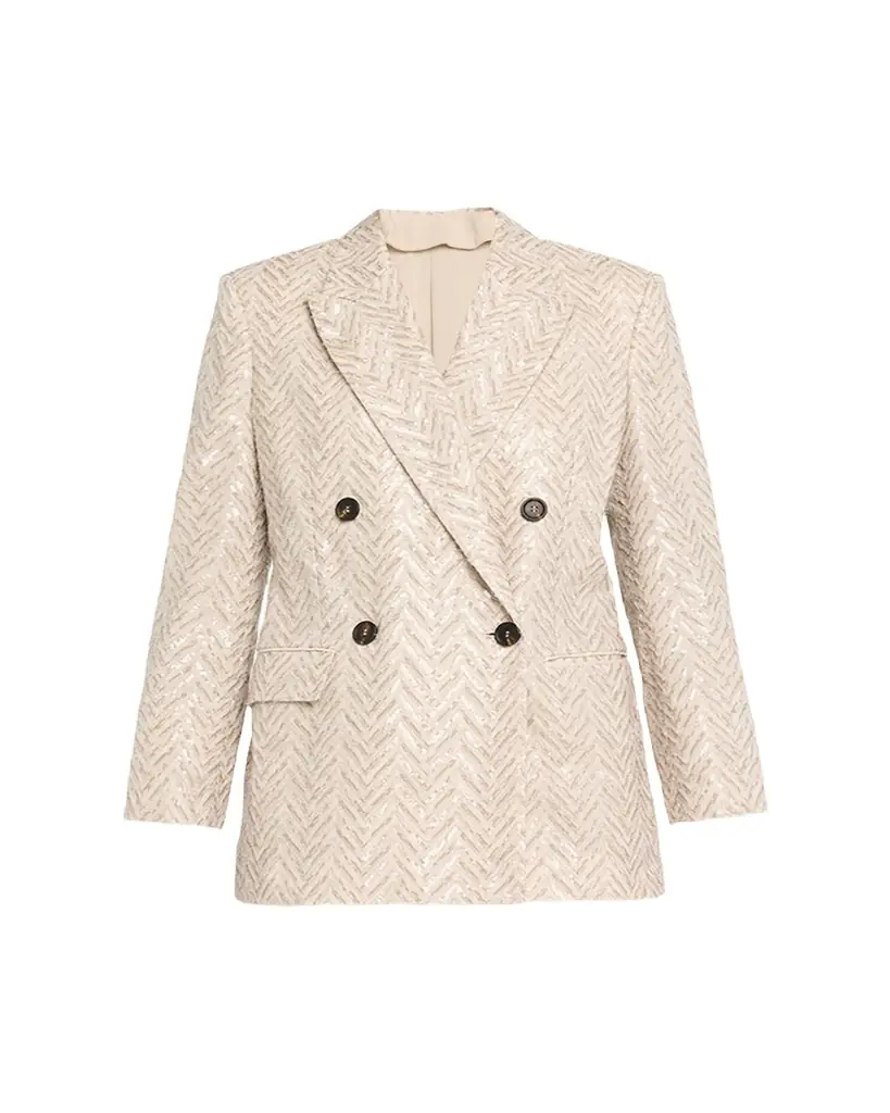 Brunello Cucinelli Dazzling Chevron Linen Double-Breasted Blazer Jacket