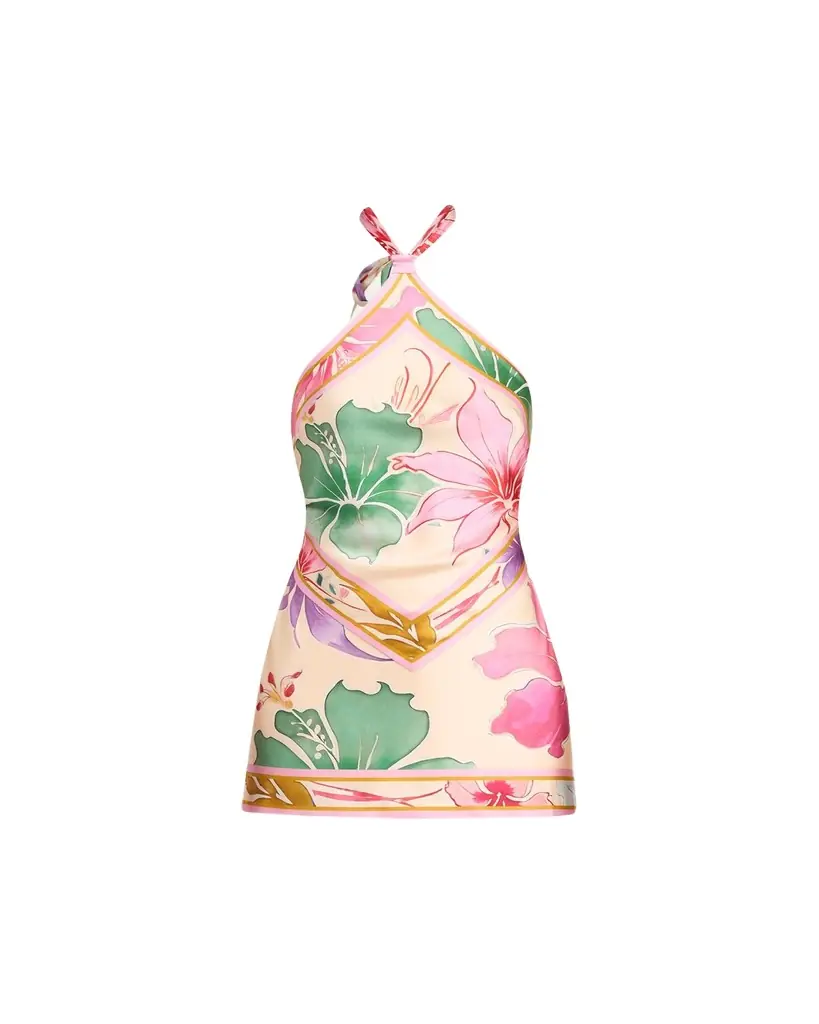 Retrofete Adelaide Floral Silk Knotted Halter Overlay Mini Dress