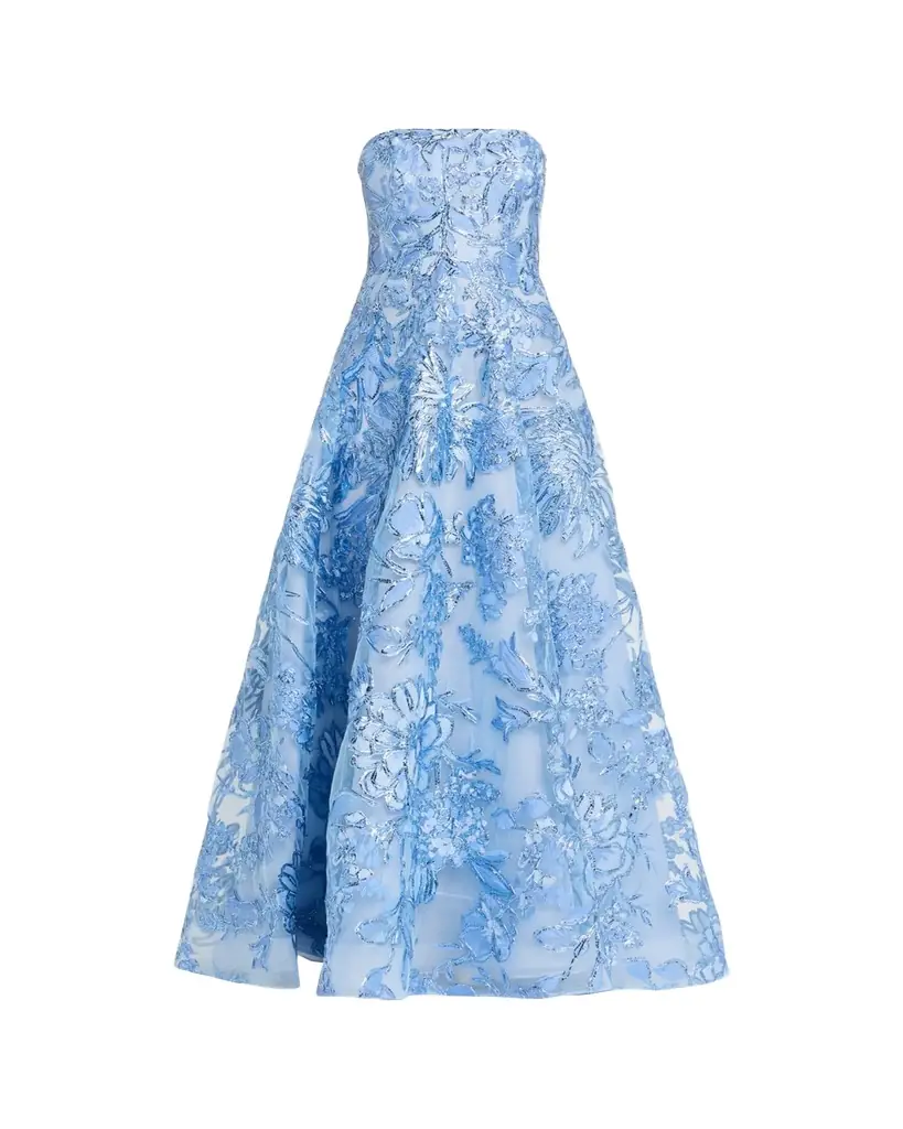 Naeem Khan Strapless Metallic Raffia Embroidered Gown