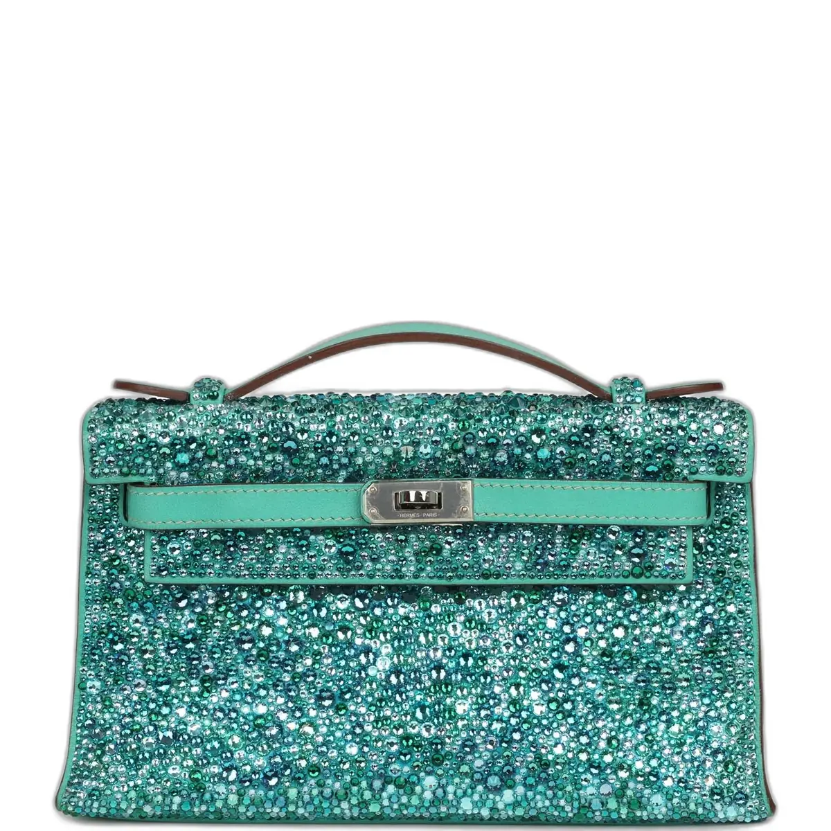 hermes Custom "Aquamarine" Swarovski Crystal Pre-owned Hermes Kelly Pochette Lagon Swift Palladium Hardware