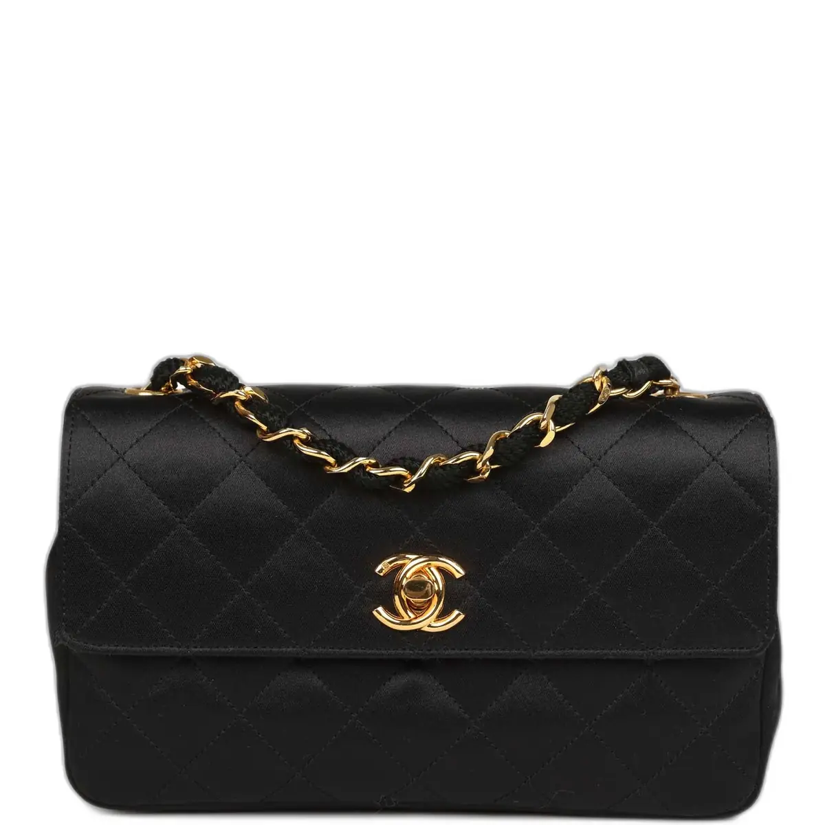 Chanel Vintage Chanel Mini Rectangular Flap Bag Black Satin Gold Hardware