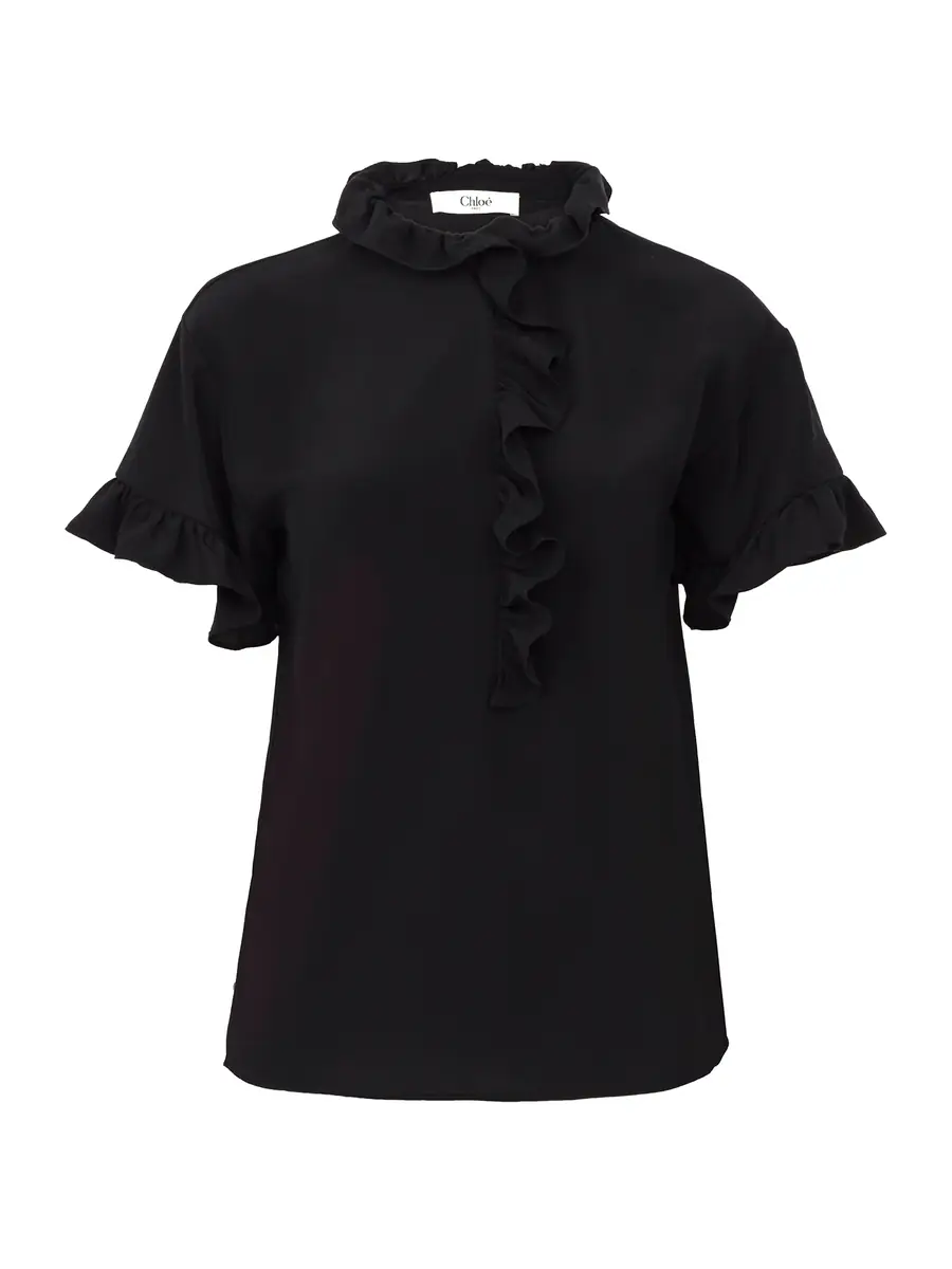 Chloe Crêpe de Chine Short-Sleeve Ruffle Top