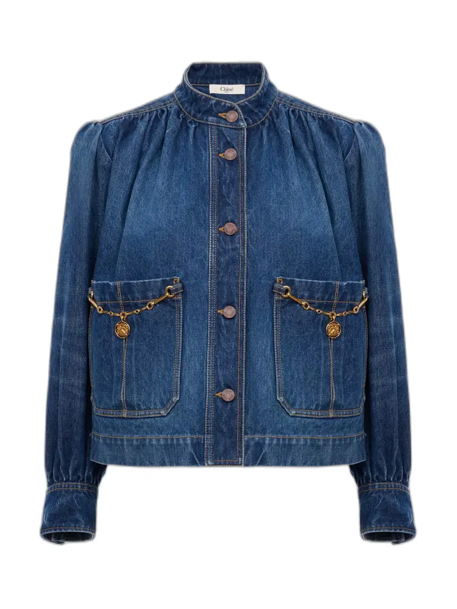 Chloe High-Neck Gathered Denim Jacket