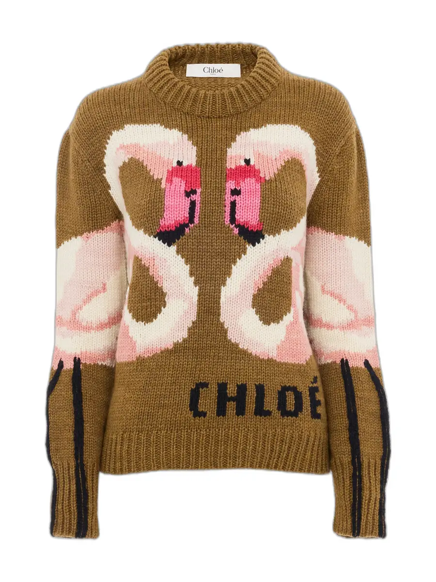 Chloe Wool Crew-Neck Flamingo Logo Sweater