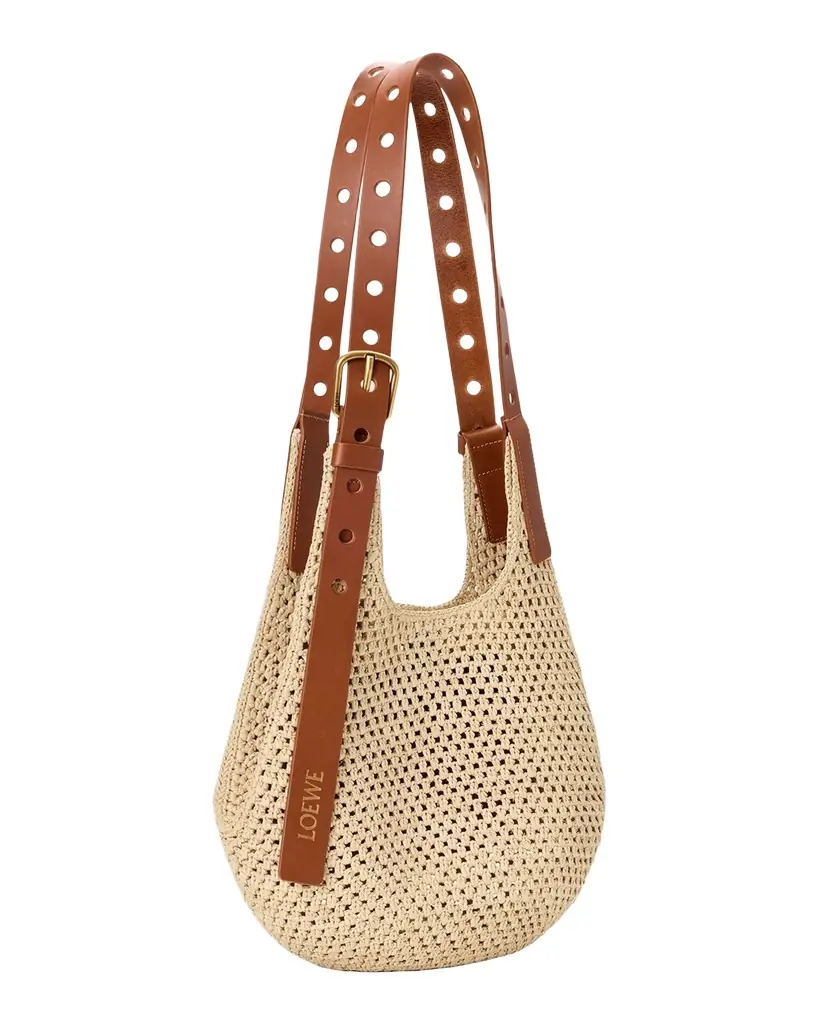 Loewe x Paula 's Ibiza Small Punch Hole Hobo Bag in Raffia and Leather