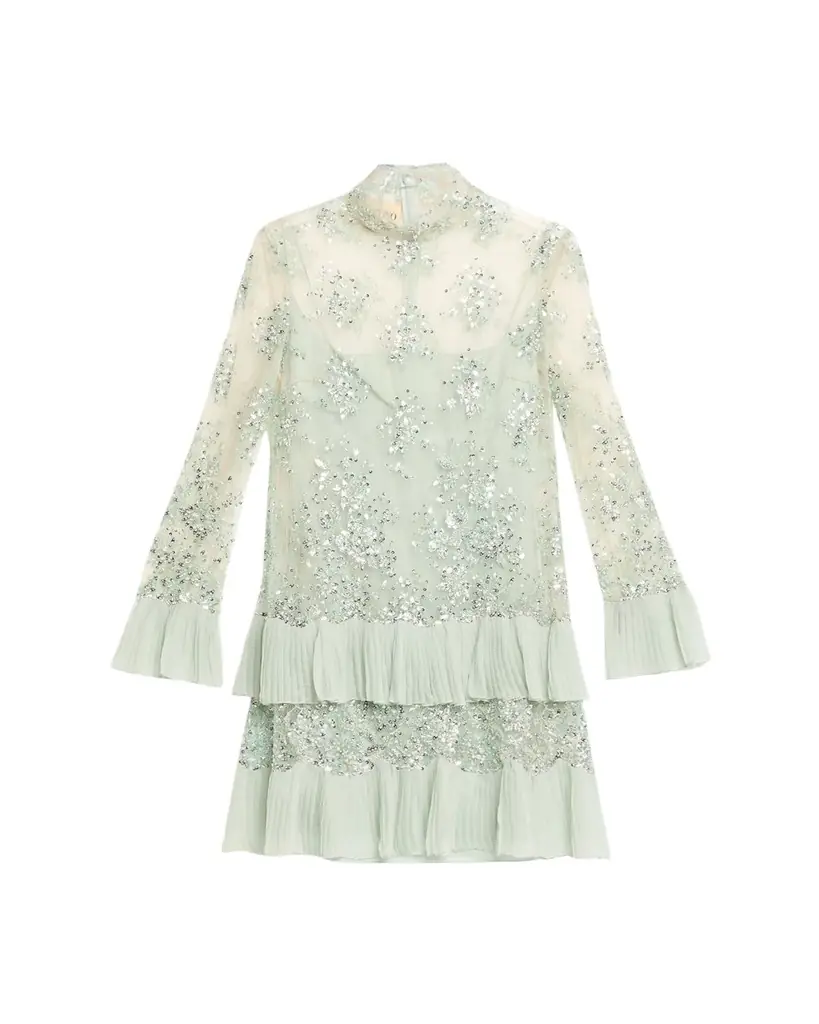 Valentino Garavani Floral Embroidered Long-Sleeve Ruffle Mini Dress