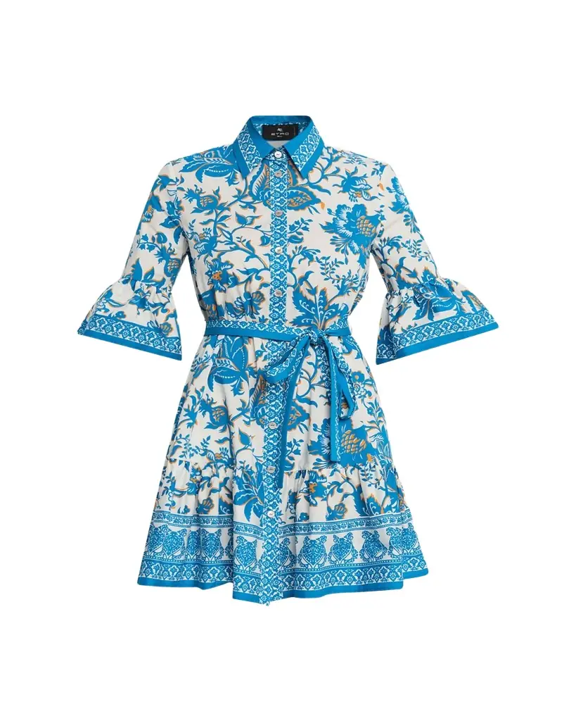 Etro Floral Cotton Ruffle Belted Mini Shirtdress