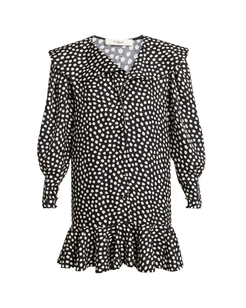 Chloe Dots-Print Silk Jacquard Capelet Long-Sleeve Mini Dress