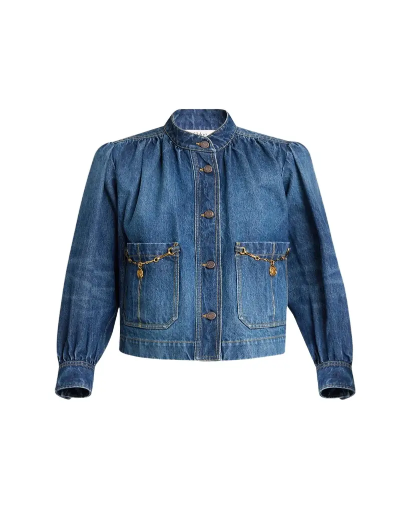 Chloe Horse-Pendant Gathered Denim Jacket