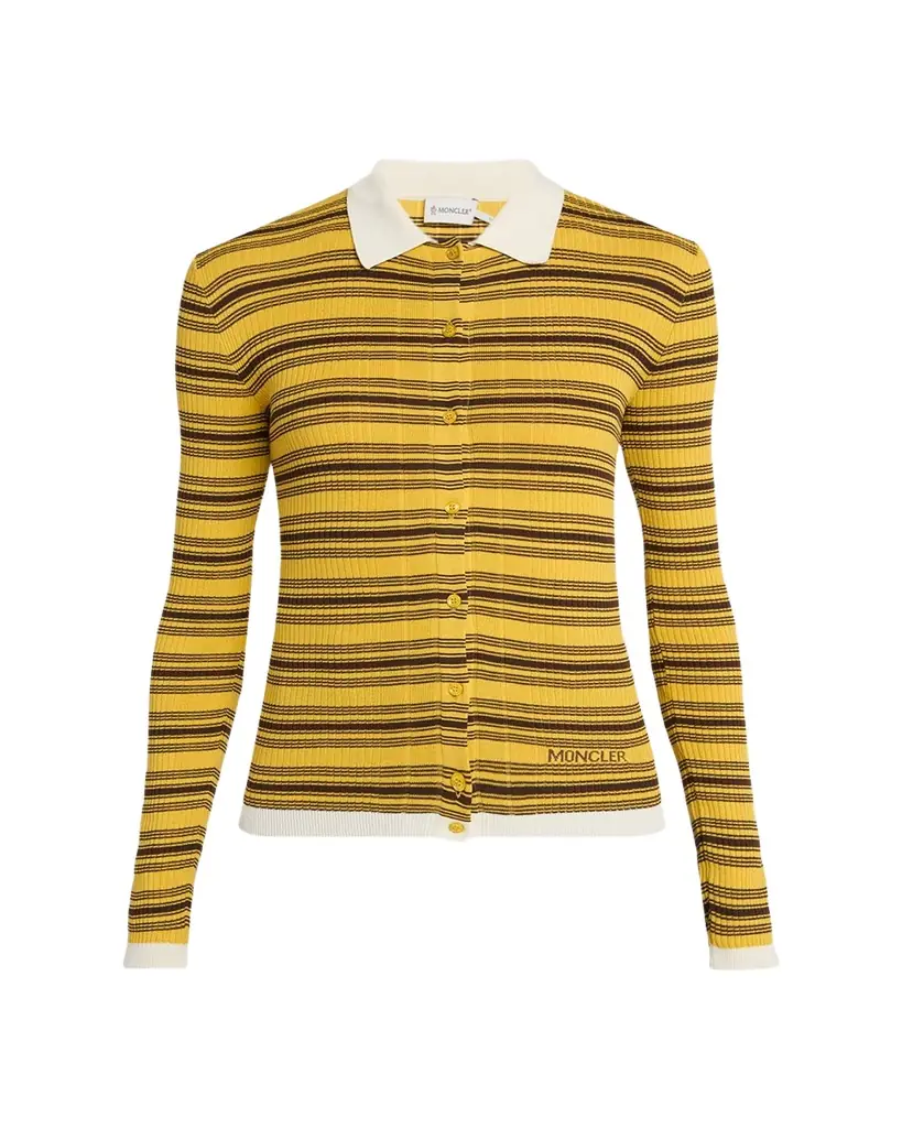 Moncler Stripe Long-Sleeve Polo Cardigan
