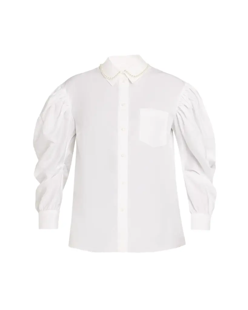 Simone Rocha Pearly-Collar Draped-Sleeve Cotton Button-Down Shirt