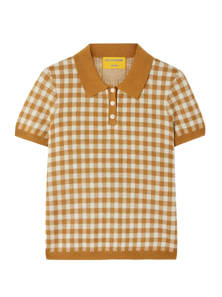 Guest In Residence Cropped Gingham Silk And Linen-blend Jacquard Polo Shirt