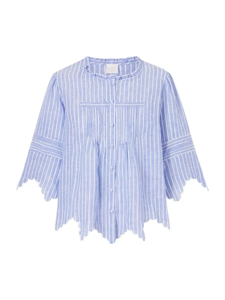 Loretta Caponi Matilde Scalloped Shirred Striped Linen Shirt