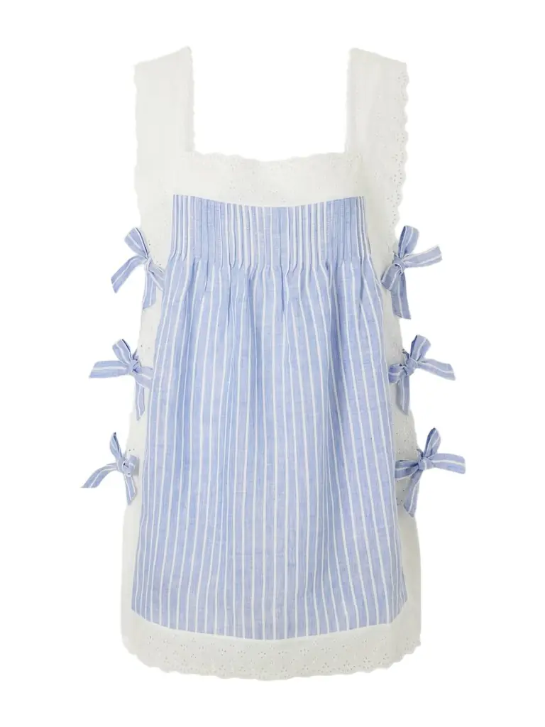 Loretta Caponi Fiocchini Bow-embellished Striped Broderie Anglaise-trimmed Linen Mini Dress