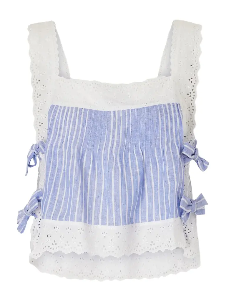 Loretta Caponi Fiocchini Pleated Striped Broderie Anglaise-trimmed Linen Top