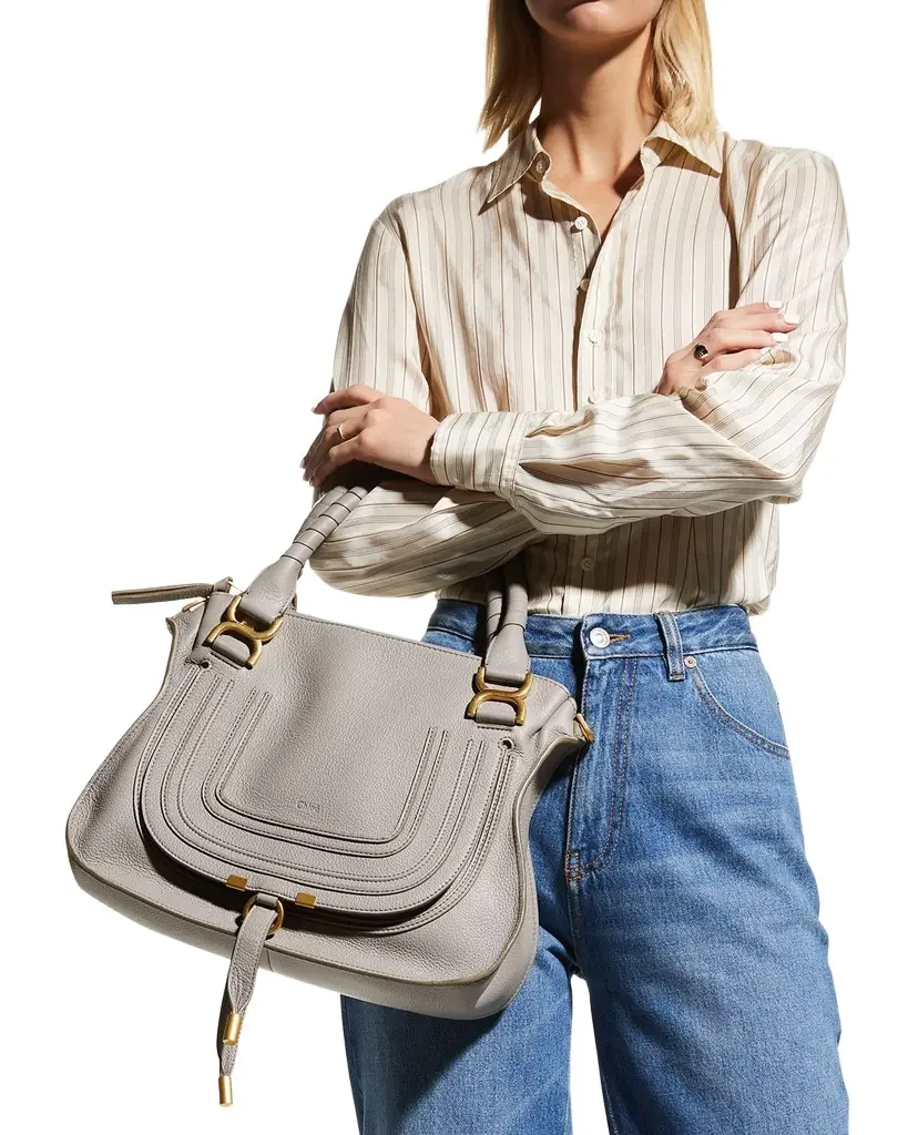 Chloe Marcie Medium Double Carry Satchel Bag in Grained Leather