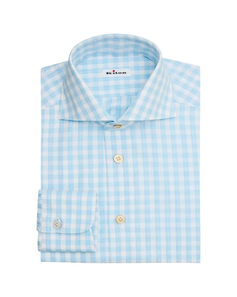 Kiton Men's Cotton Plaid Dress Shirt with Mother-Of-Pearl Buttons