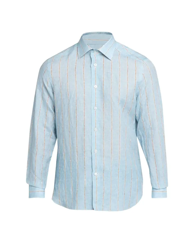 Kiton Men's Linen Stripe Button-Down Shirt with Mother-Of-Pearl