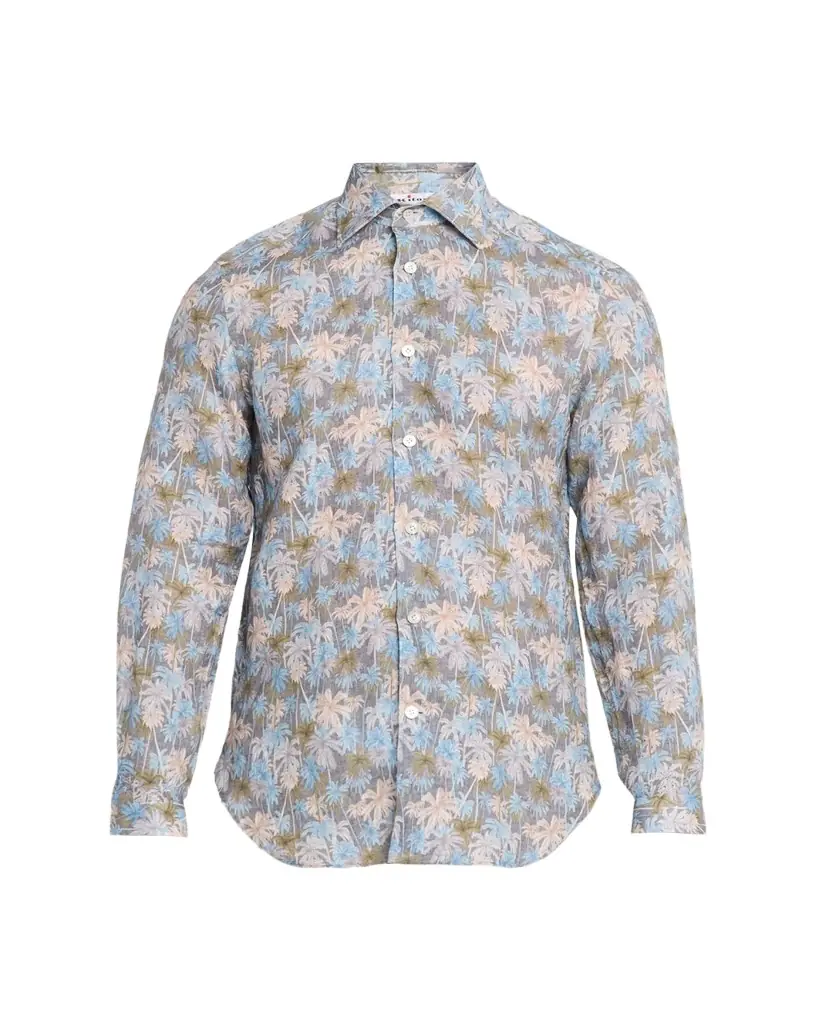 Kiton Men's Palm-Print Linen Button-Down Shirt with Mother-Of-Pearl