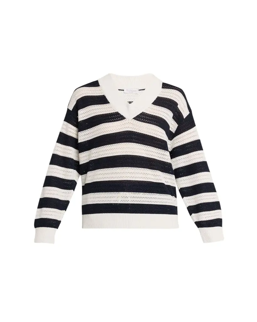 Brunello Cucinelli Sparkling Striped Cotton Net Knit V-Neck Sweater