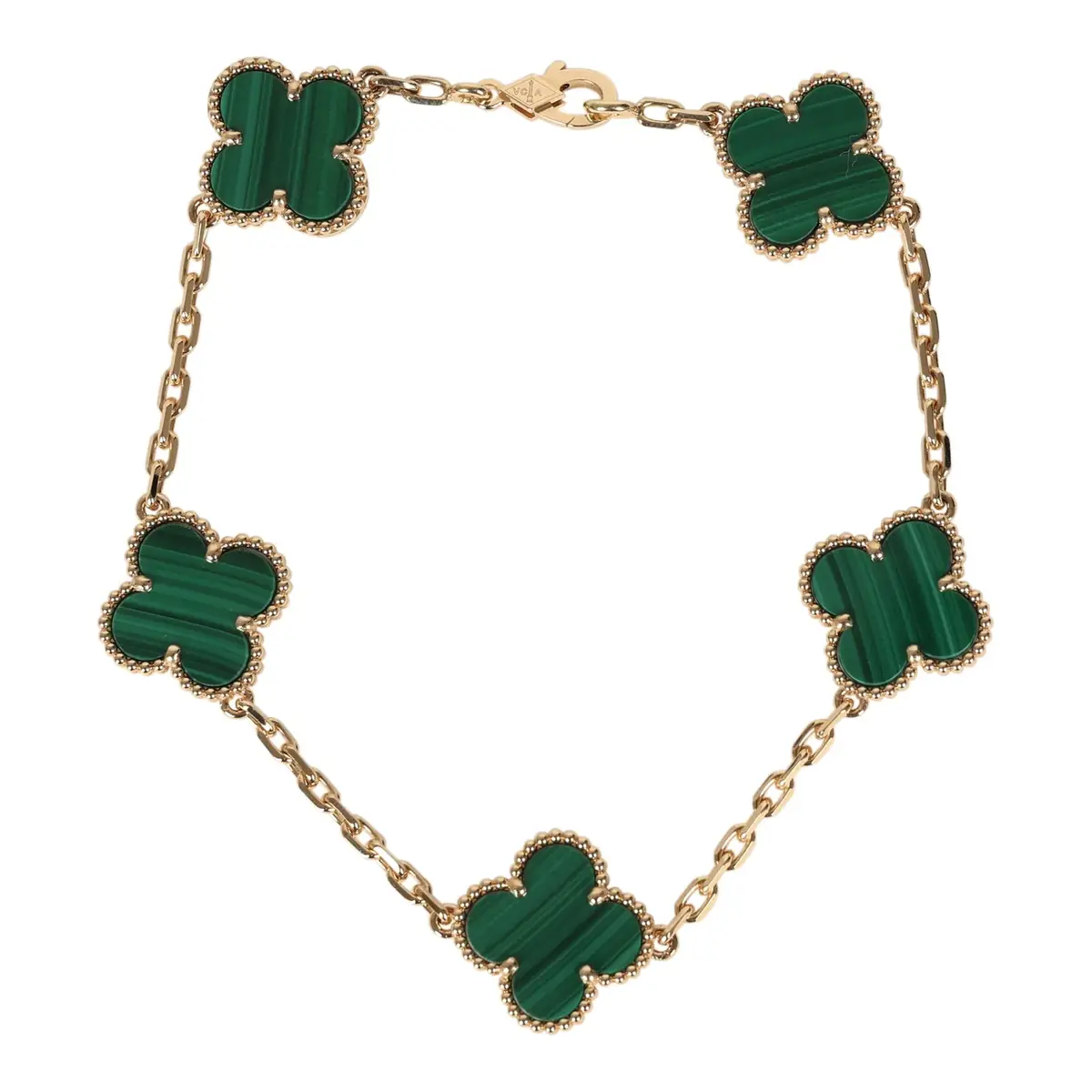 Van Cleef & Arpels Vintage Alhambra 5 Motif Bracelet Malachite 18K Yellow Gold Hardware