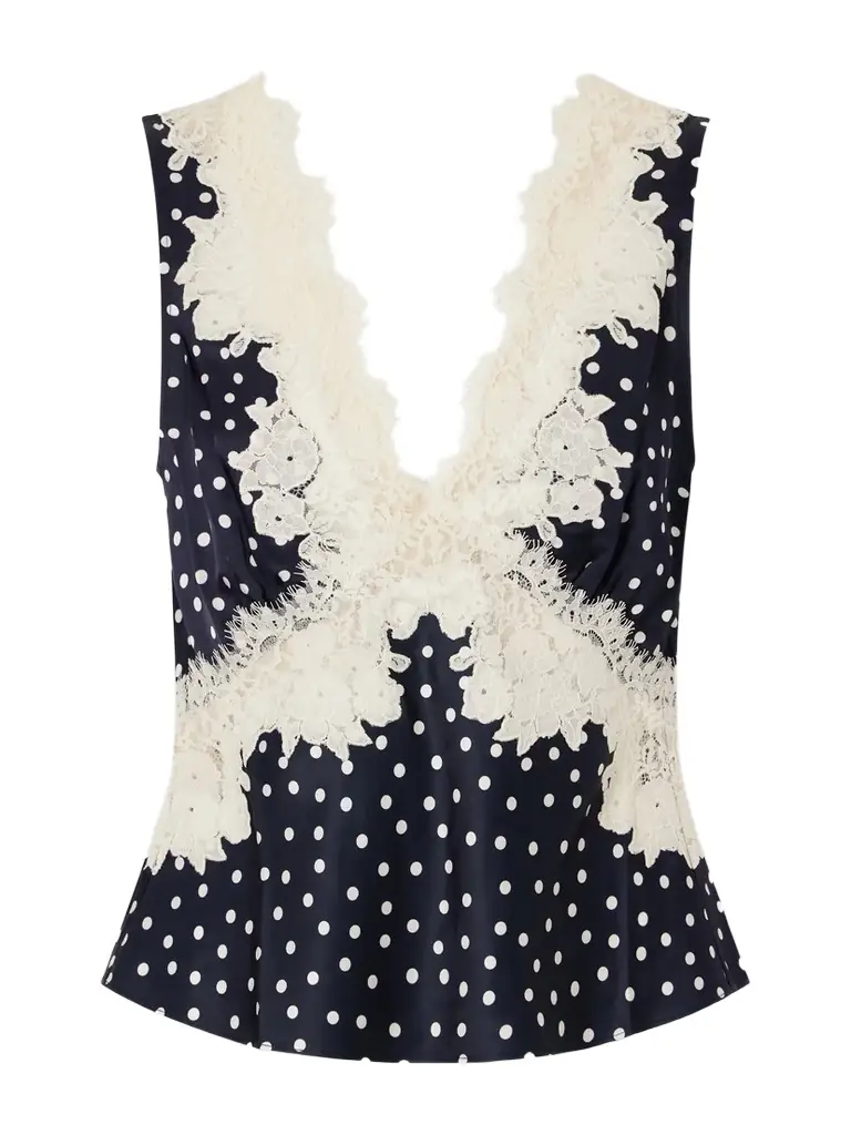 Rixo Emmie Lace-trimmed Polka-dot Satin Top