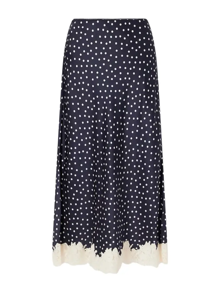 Rixo Matilde Lace-trimmed Polka-dot Satin Midi Skirt