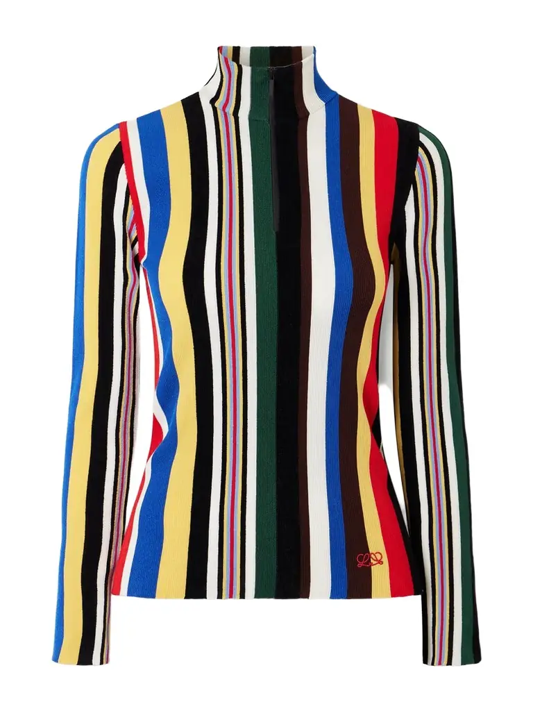 Loewe Striped Ribbed-knit Half-zip Turtleneck Top