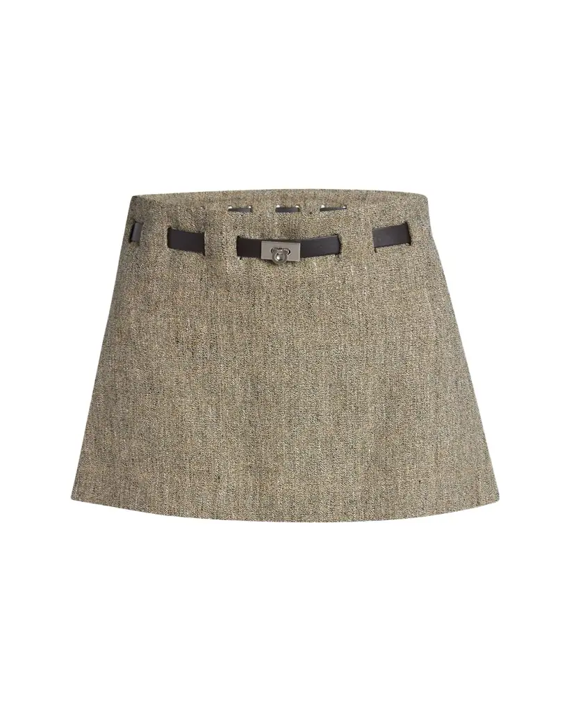 Ferragamo Mouline Linen Pleated Mini Skirt With Belt