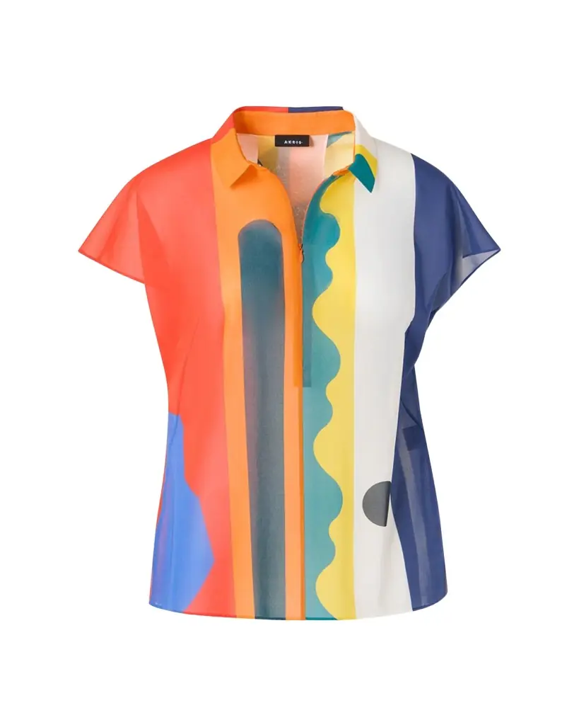 Akris Abstract-Print Cap-Sleeve Zipper Shirt
