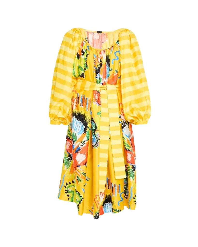 Rianna + Nina Tropical Striped Silk Balloon Sleeve Midi Dress
