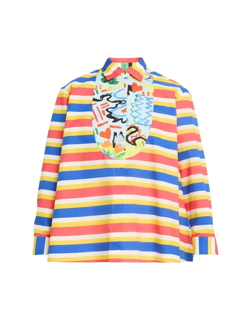Rianna + Nina Tropica Striped Cotton Bib-Front Collared Shirt