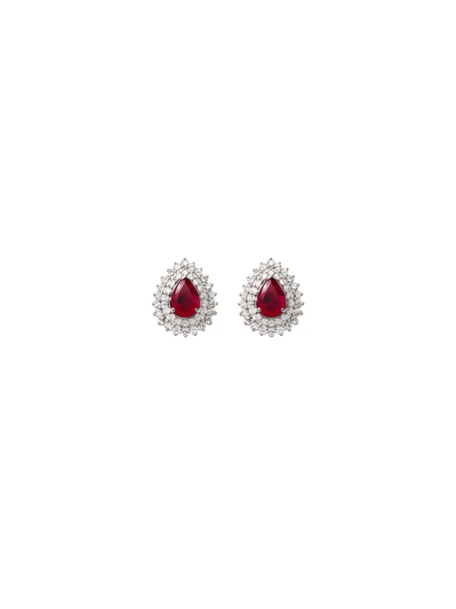 Wish Fine Jewelry 2.83ct Diamond Ruby 18K Gold Pear Halo Stud Earrings
