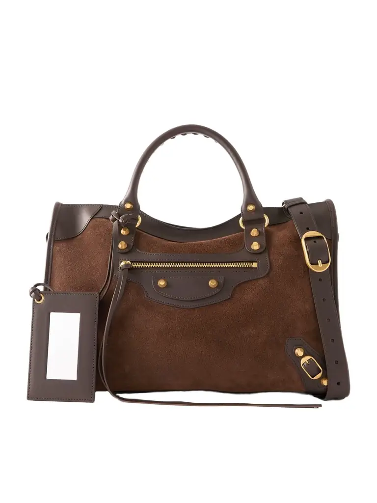 Balenciaga Le City Studded Leather-trimmed Suede Shoulder Bag