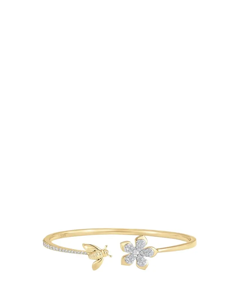 Sara Weinstock 18K Two-Tone Gold Queen Bee Diamond Partial Flower And Bee Open Bangle Cuff