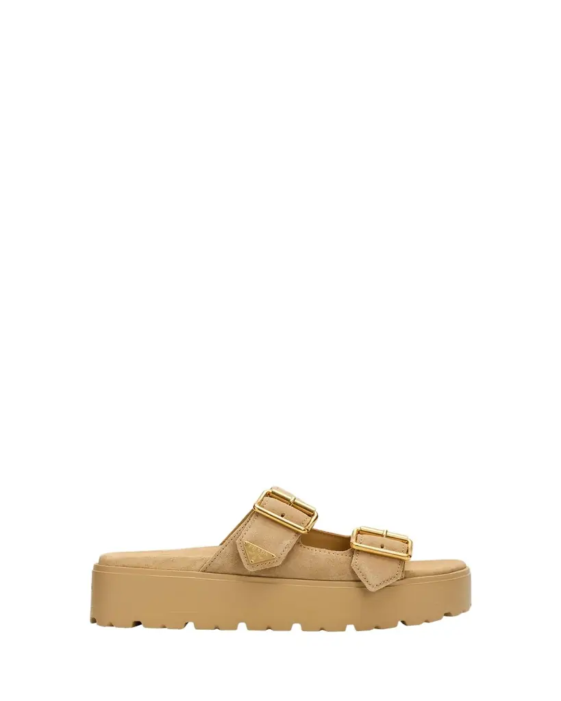 Prada Triangle Logo Suede Dual-Buckle Platform Sandals