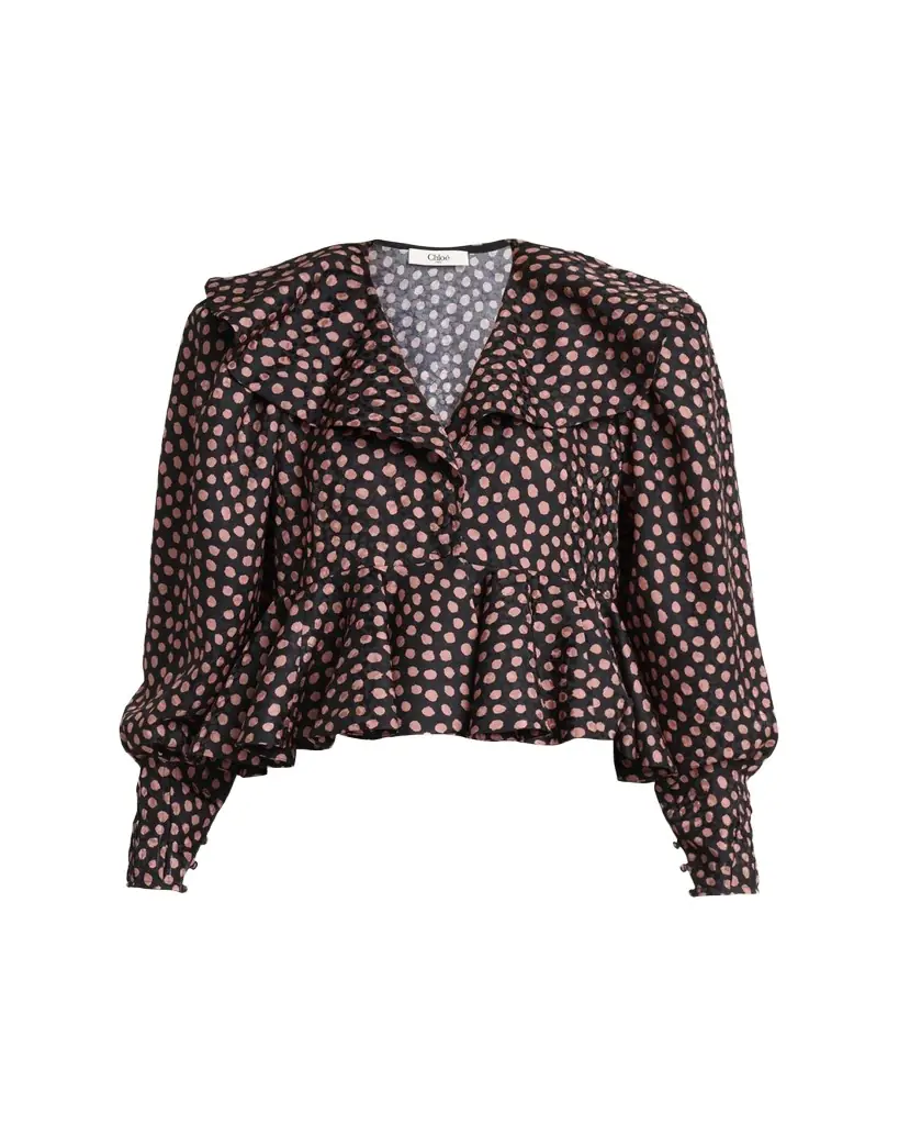 Chloe Dots-Print Silk Jacquard Peplum Blouse
