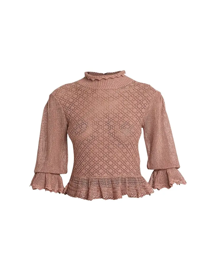 Chloe Mock-Neck Metallic Knit Ruffle Sweater