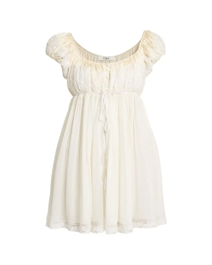 Chloe Lace-Trim Short-Sleeve Silk Mousseline Mini Babydoll Dress