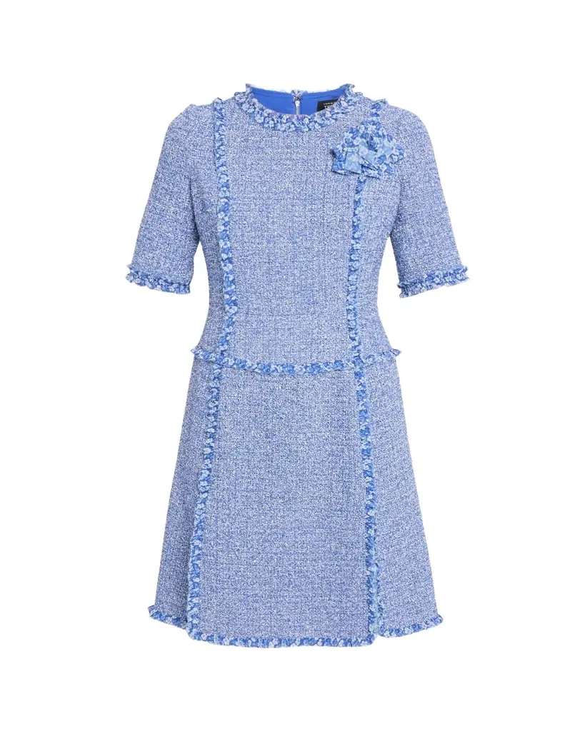 Rickie Freeman for Teri Jon Frayed-Trim Woven Tweed Dress