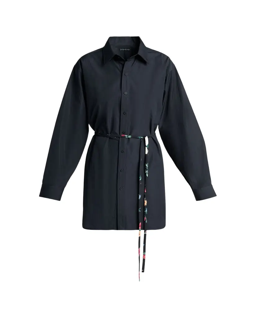 Balenciaga Cotton Poplin Mini Shirtdress with Floral Sash