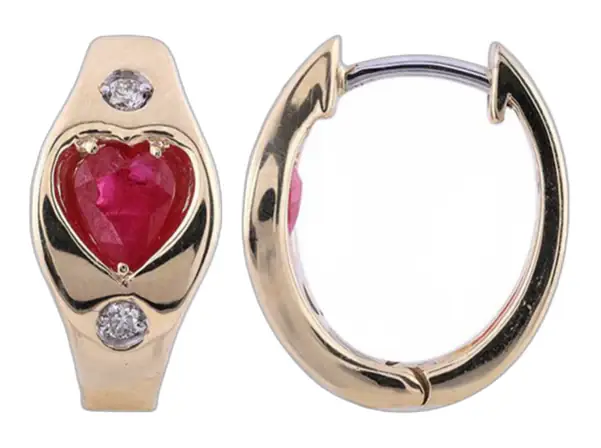 Wish Fine Jewelry 0.565ct Diamond Ruby 14K Gold Heart Hoop Earrings