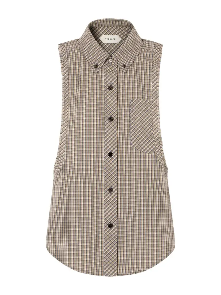 Versace Sleeveless Frayed Checked Shirt