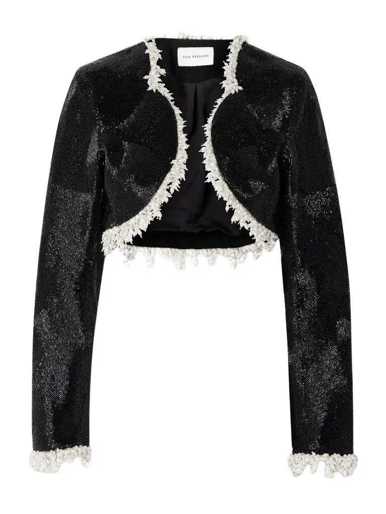 Clio Peppiatt Margot Cropped Embellished Satin Jacket