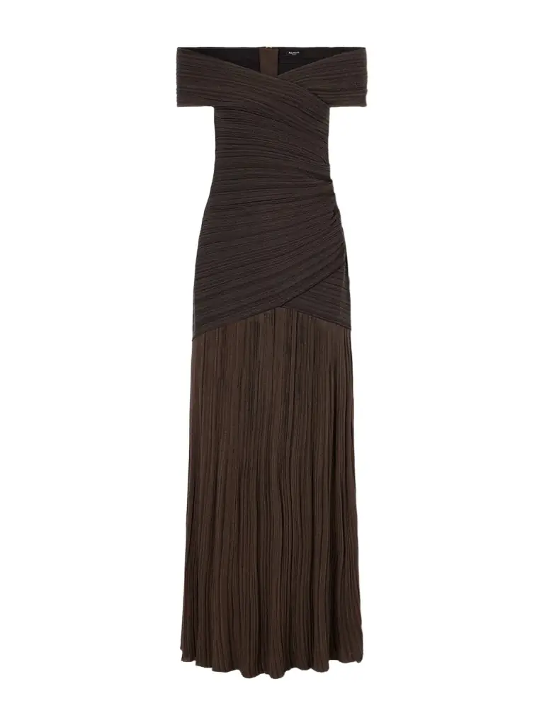 Balmain Off-the-shoulder Ribbed-knit Maxi Dress
