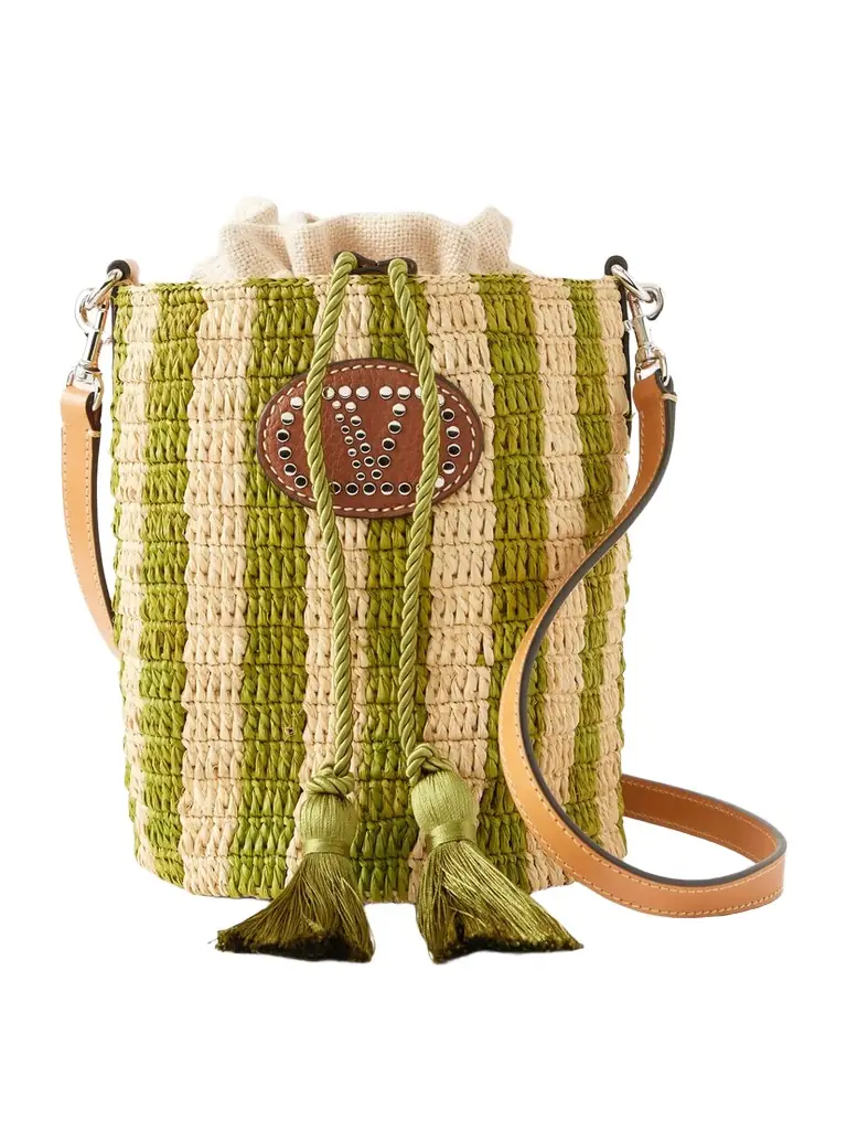 Valentino Garavani Embellished Striped Leather-trimmed Raffia Bucket Bag