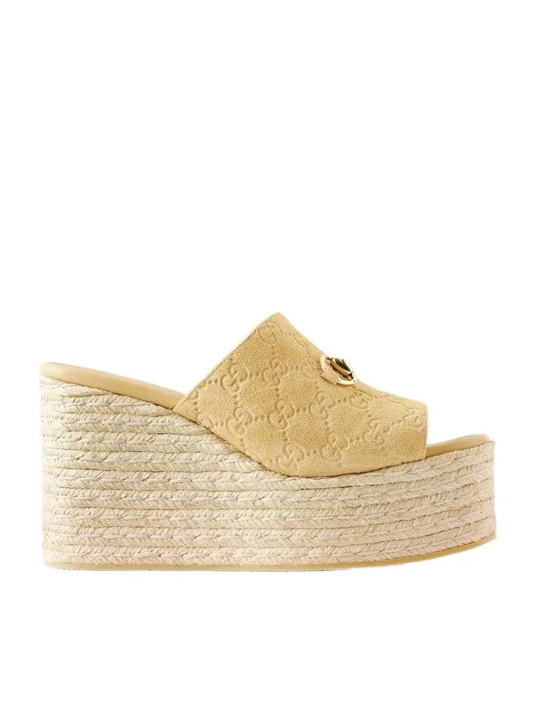 Gucci Horsebit-embellished Logo-debossed Suede Espadrilles Wedges Mules